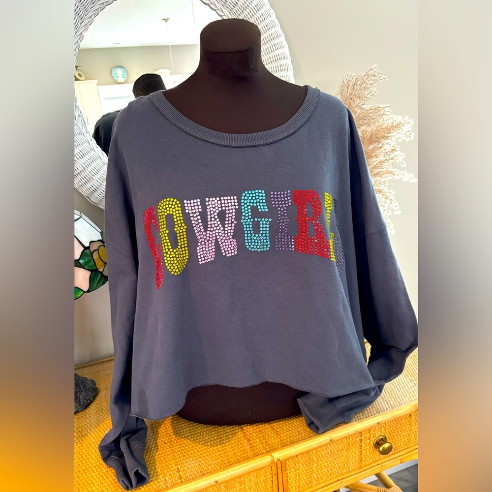 Peach Love California oversized sweatshirt with beaded COWGIRLS on the front
